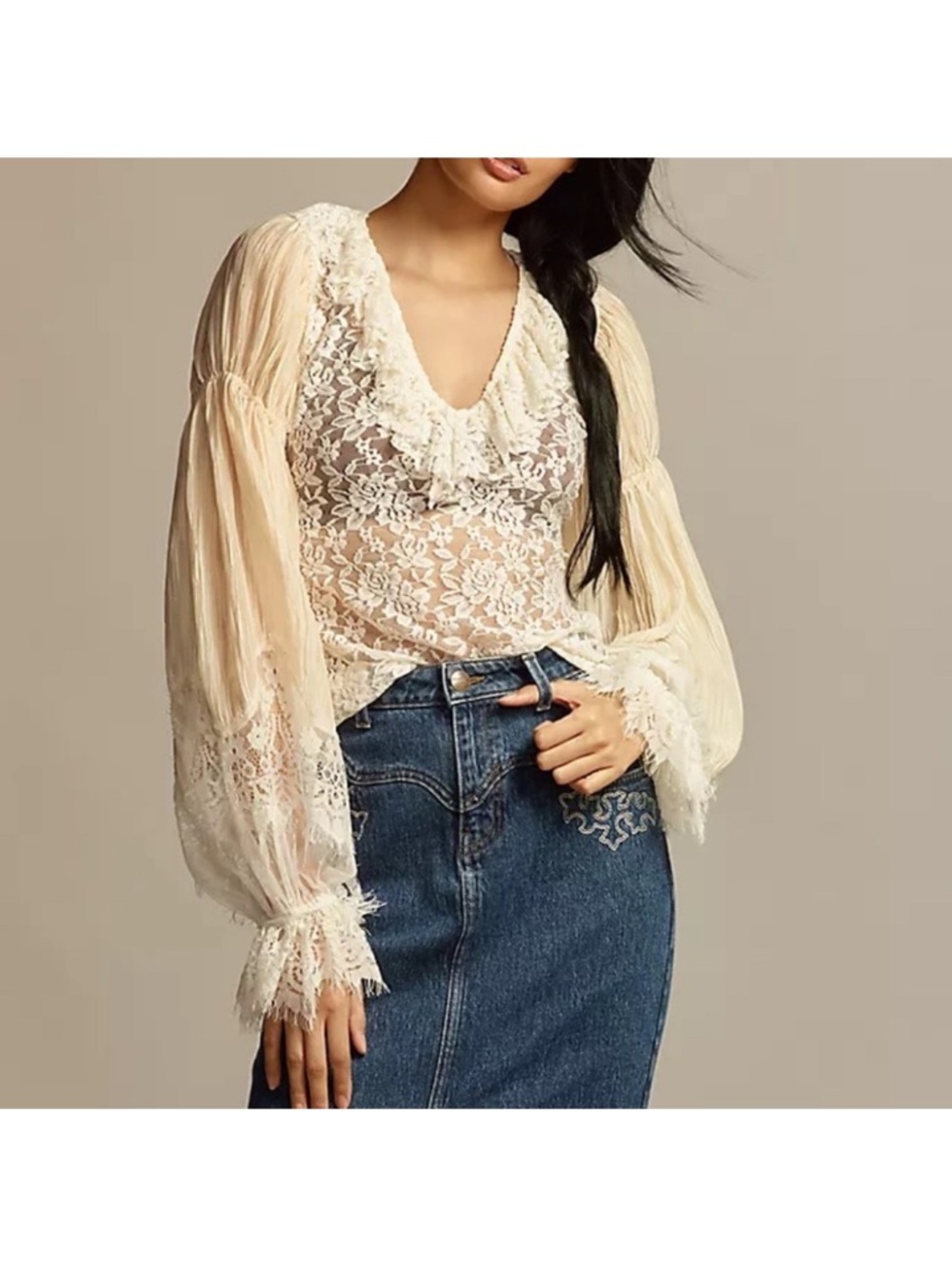 ANTHROPOLOGIE WIDE SLEEVE SHEER LONG SLEEVE LACE BLOUSE TOP IVORY